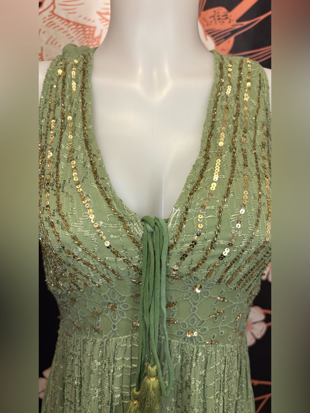 NWT Gorgeous Sage Green and Gold Resort Luxe Tiered Embellished Maxi Dress - Picture 8 of 16